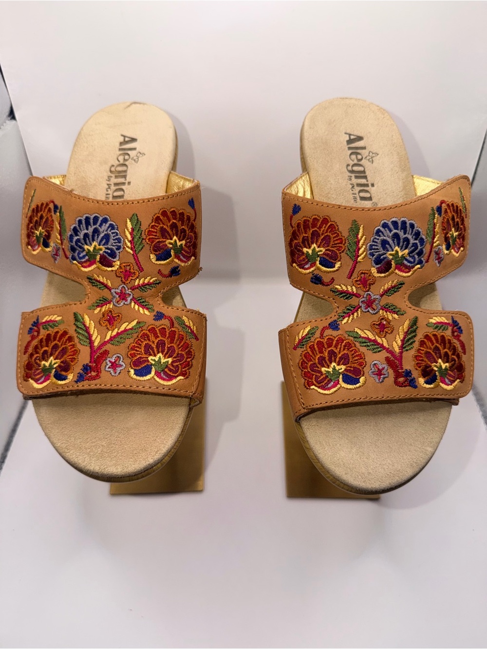 Alegria Tan Embroidered Double-Strap Mules